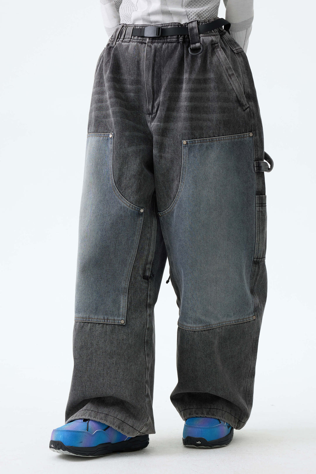 Women's Washed Charcoal Real Denim Utility-Panel Baggy Snow Pants