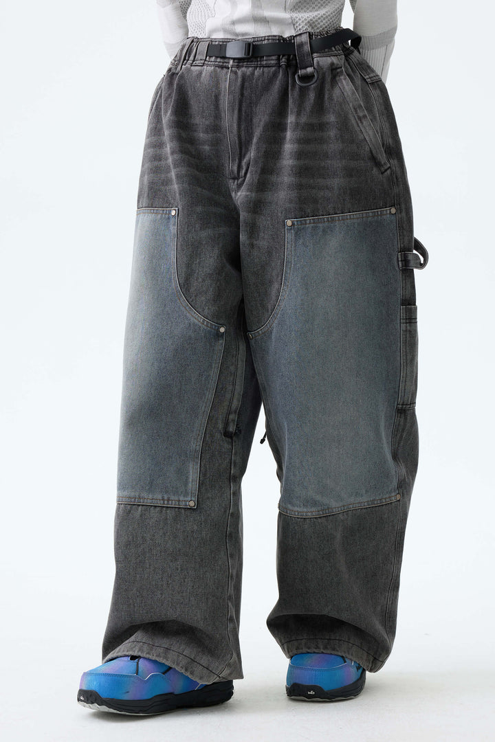 Women's Washed Charcoal Real Denim Utility-Panel Baggy Snow Pants