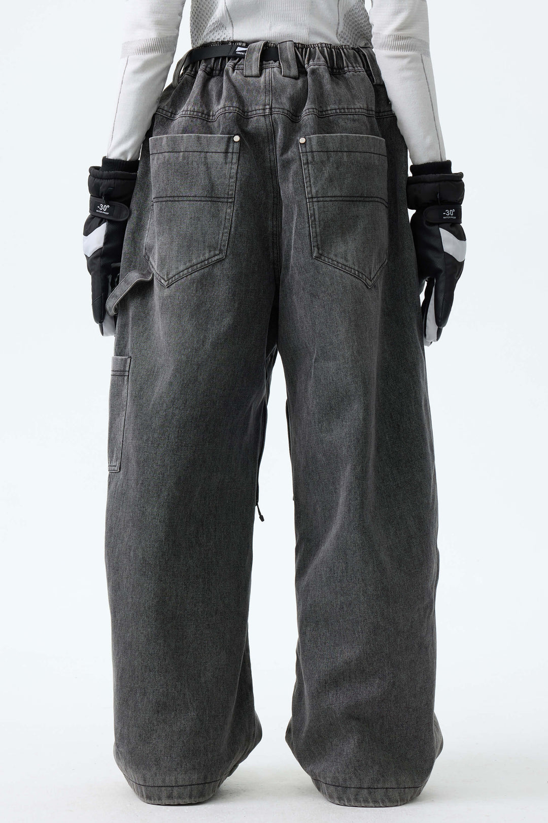 Women's Washed Charcoal Real Denim Utility-Panel Baggy Snow Pants