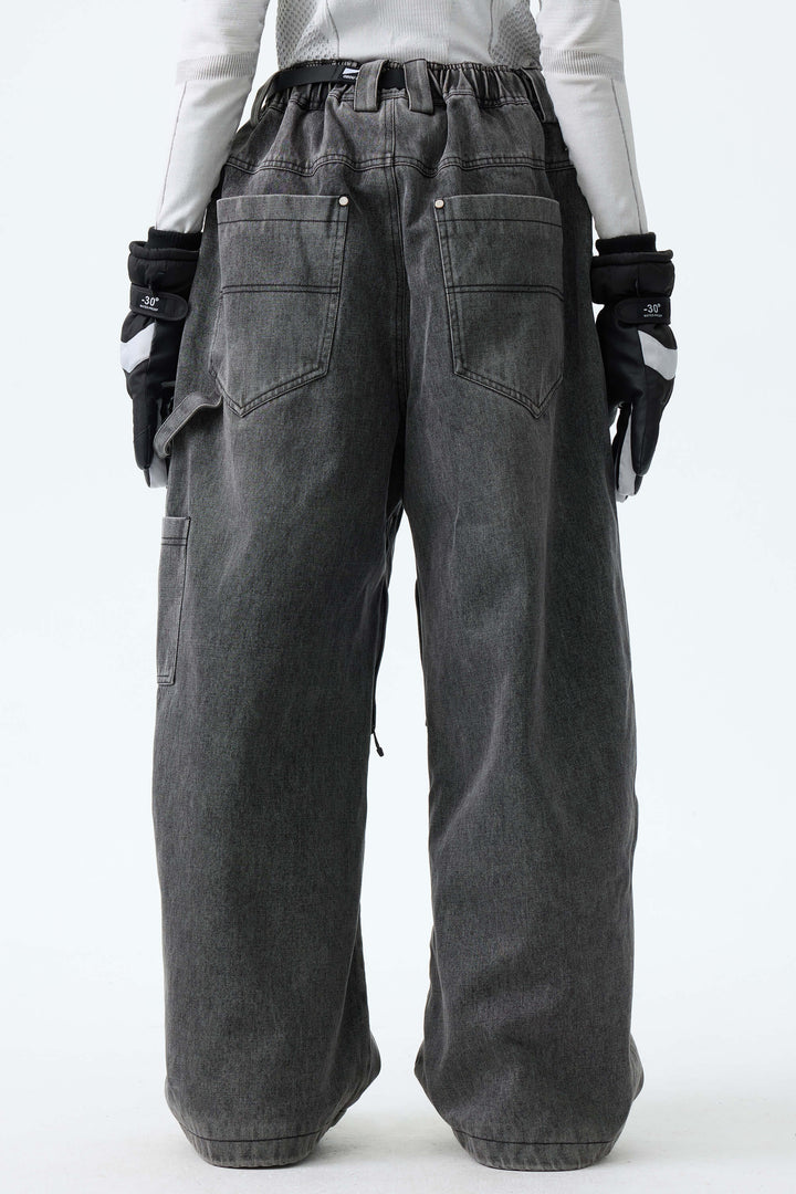 Women's Washed Charcoal Real Denim Utility-Panel Baggy Snow Pants