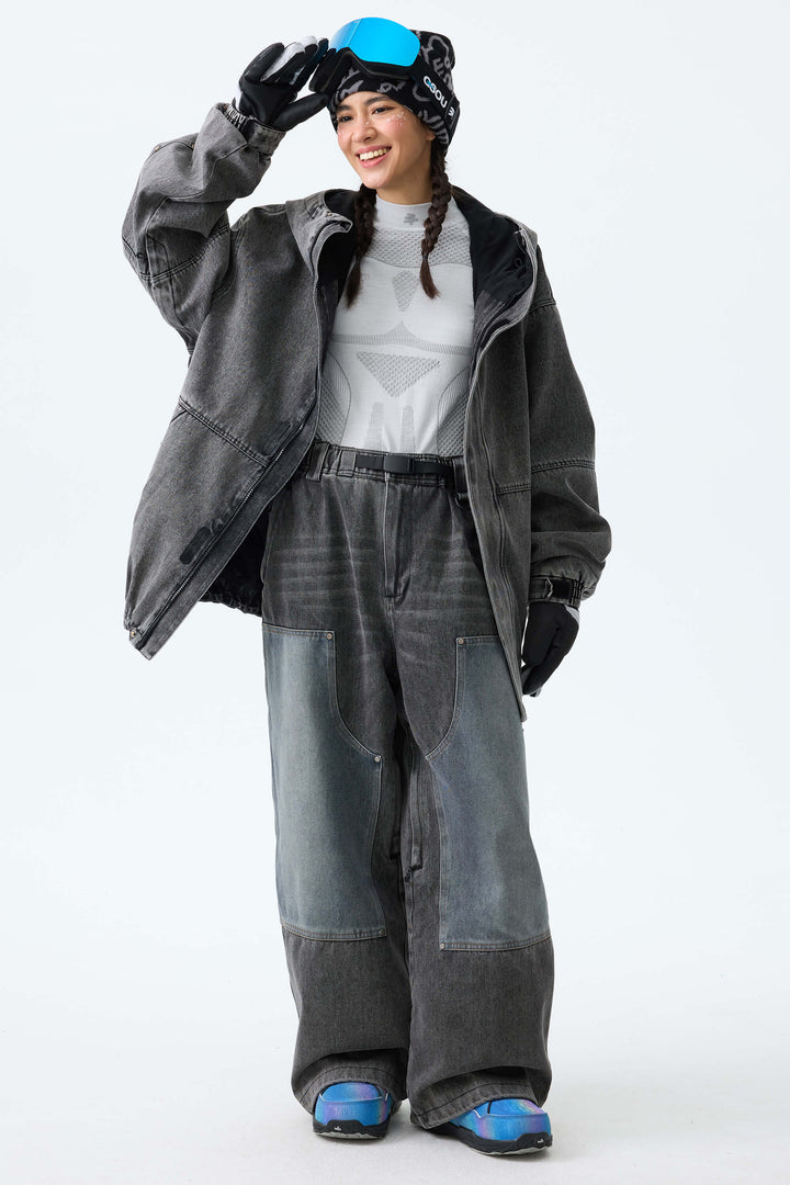 Women's Washed Olive Real Denim Utility-Panel Baggy Snow Pants