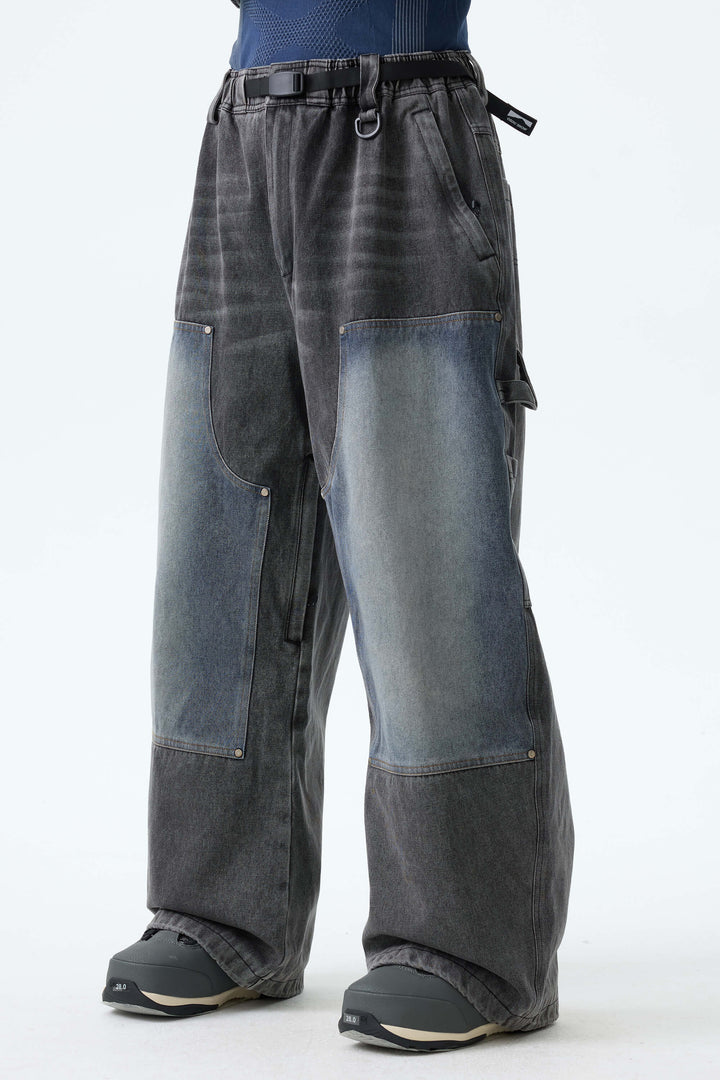 Men's Washed Olive Real Denim Utility-Panel Baggy Snow Pants