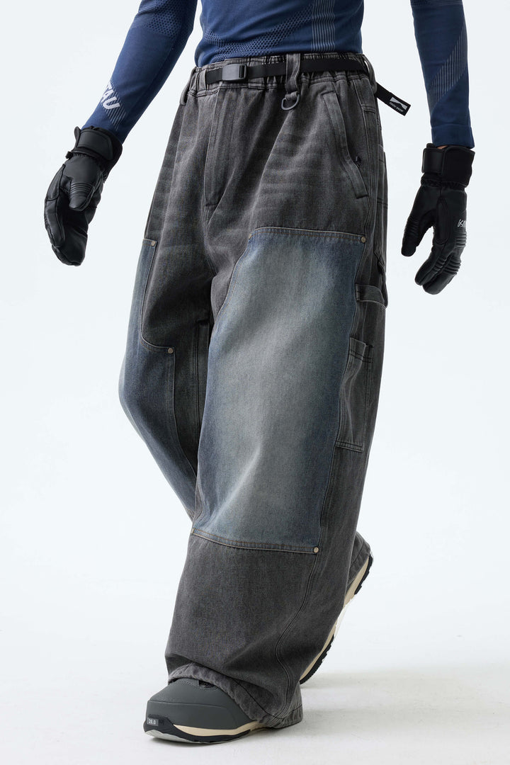 Men's Washed Charcoal Real Denim Utility-Panel Baggy Snow Pants