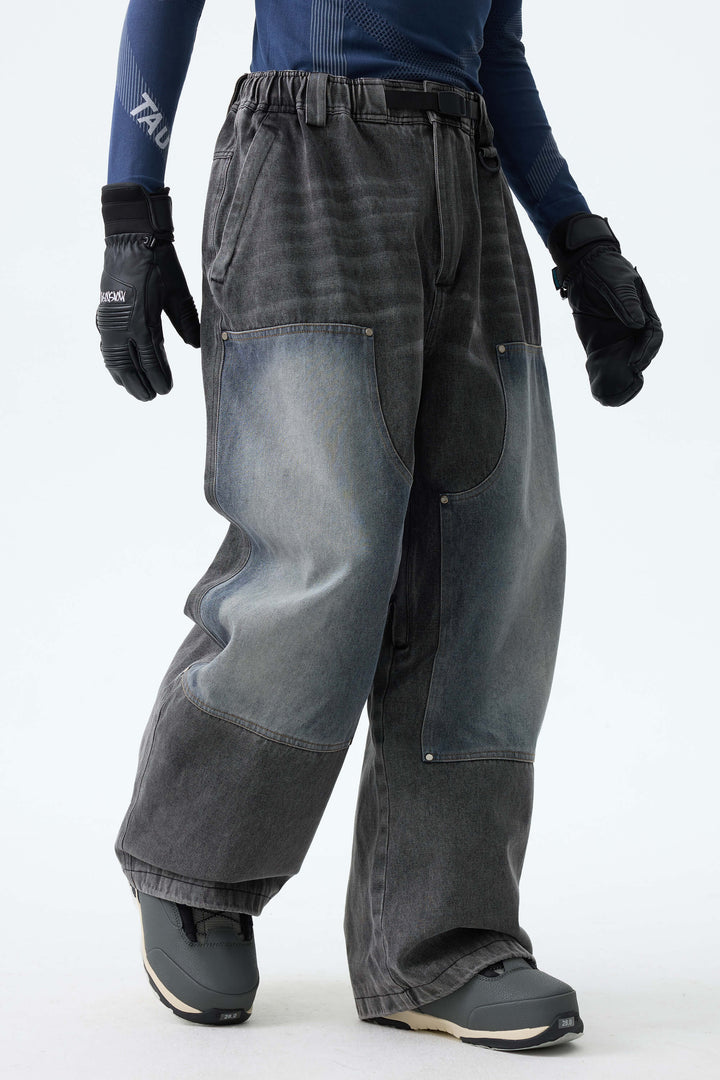 Men's Washed Olive Real Denim Utility-Panel Baggy Snow Pants