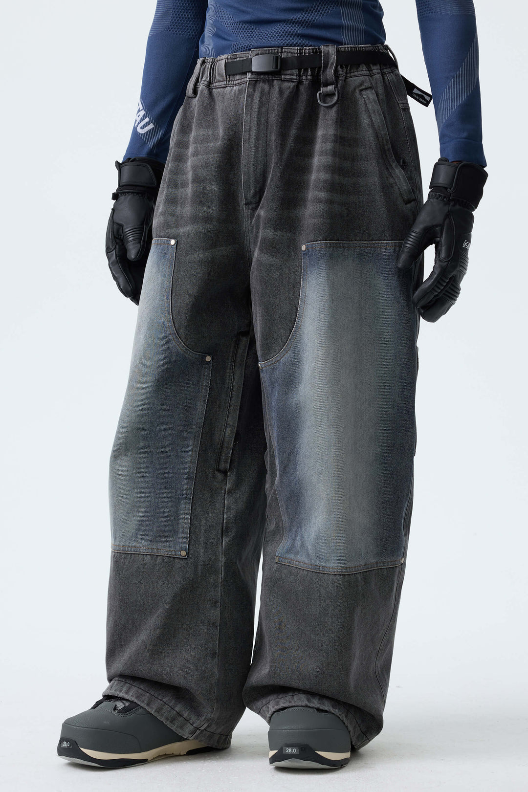 Men's Washed Charcoal Real Denim Utility-Panel Baggy Snow Pants