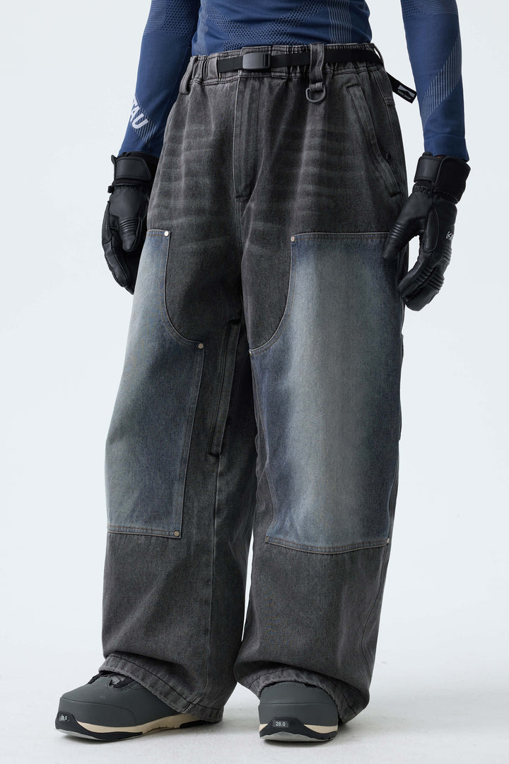 Men's Washed Charcoal Real Denim Utility-Panel Baggy Snow Pants