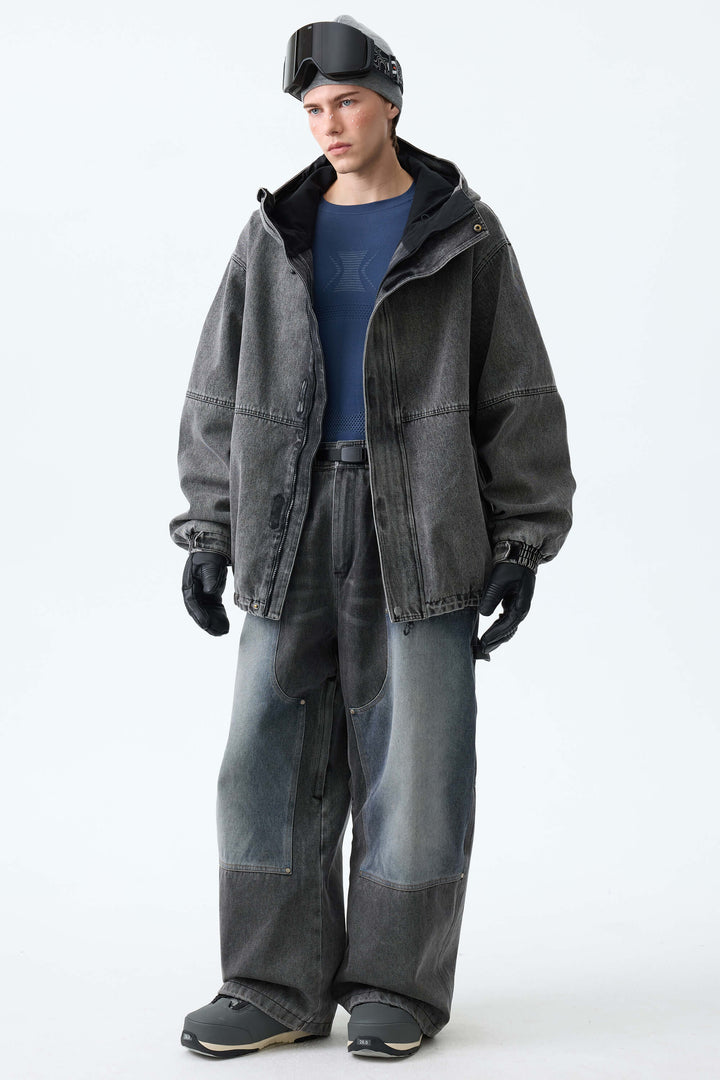 Men's Washed Olive Real Denim Utility-Panel Baggy Snow Pants