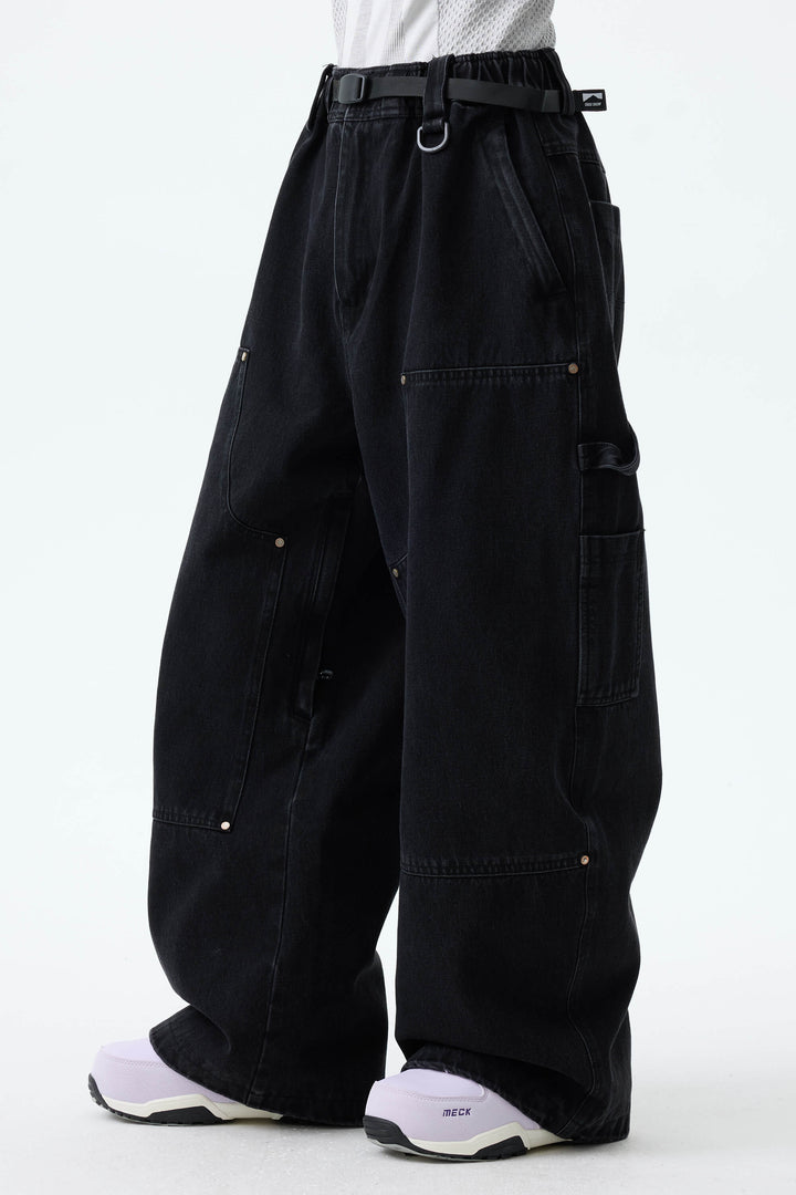 Women's Washed Olive Real Denim Utility-Panel Baggy Snow Pants