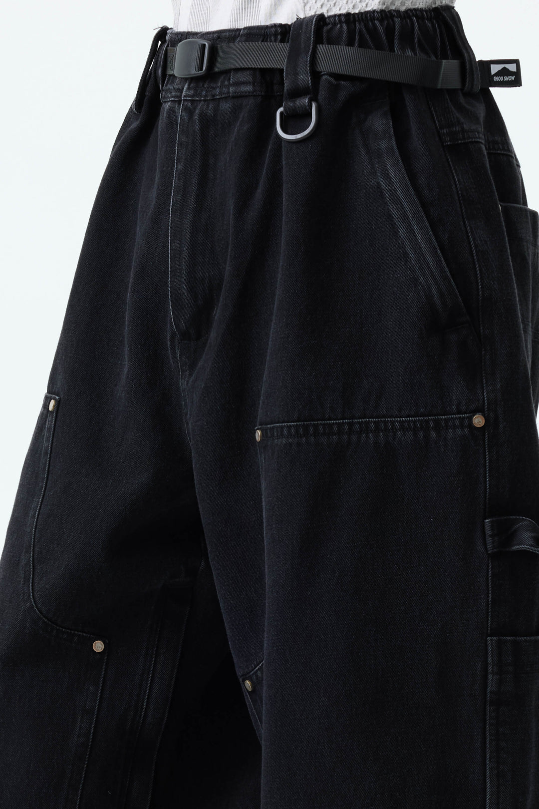 Women's Washed Black Real Denim Utility-Panel Baggy Snow Pants