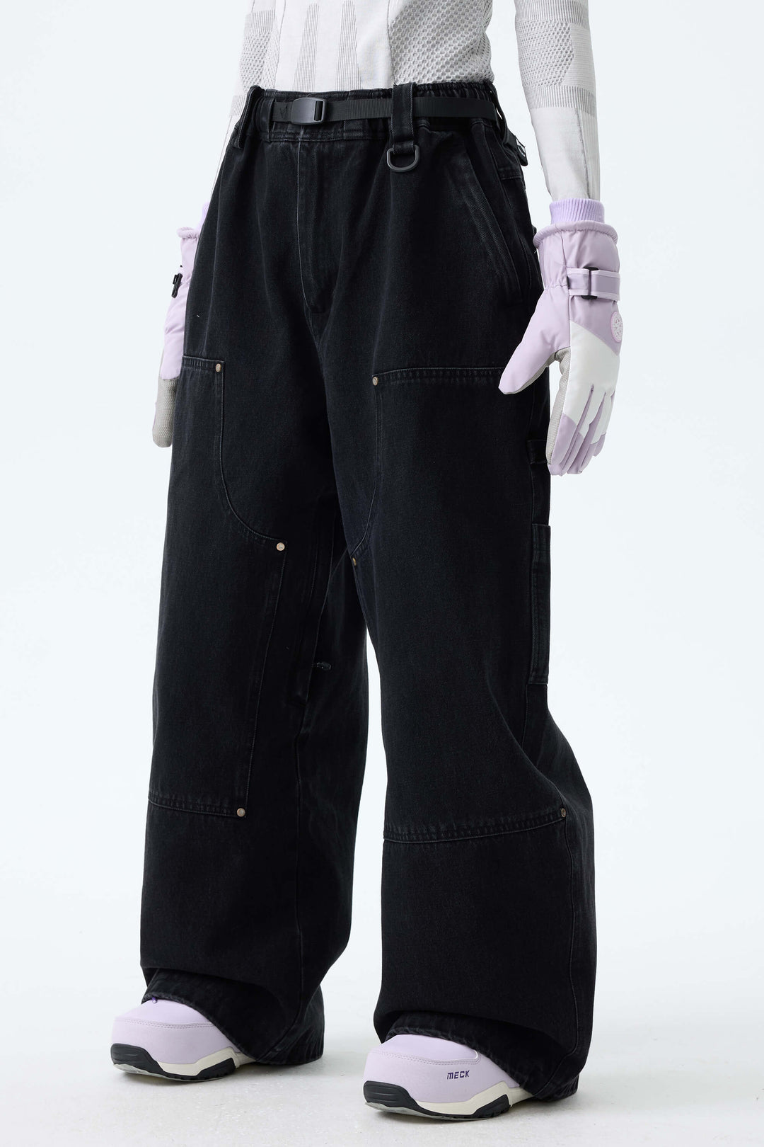 Women's Washed Black Real Denim Utility-Panel Baggy Snow Pants