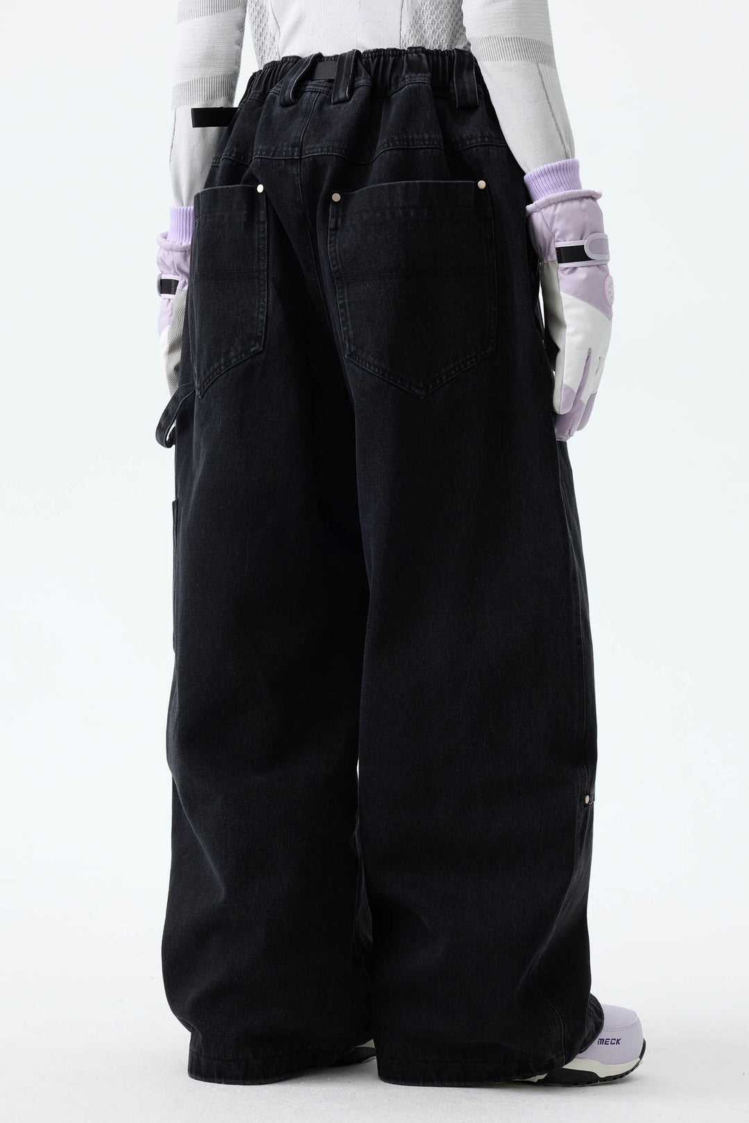 Women's Washed Black Real Denim Utility-Panel Baggy Snow Pants