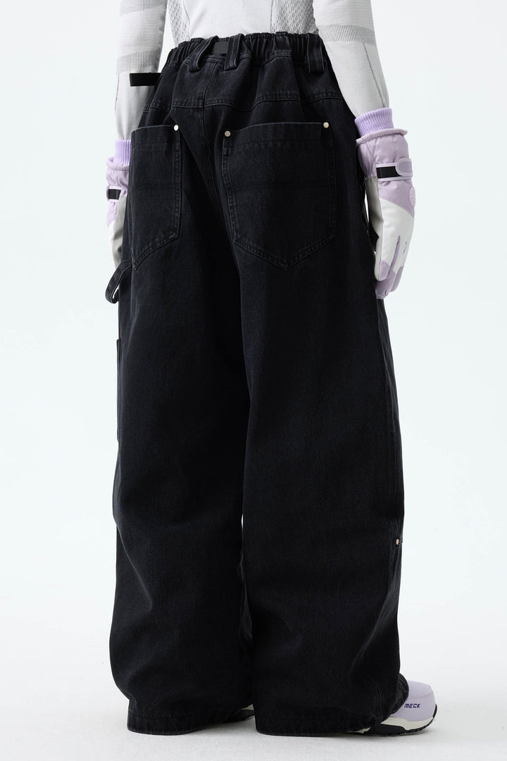 Women's Washed Black Real Denim Utility-Panel Baggy Snow Pants