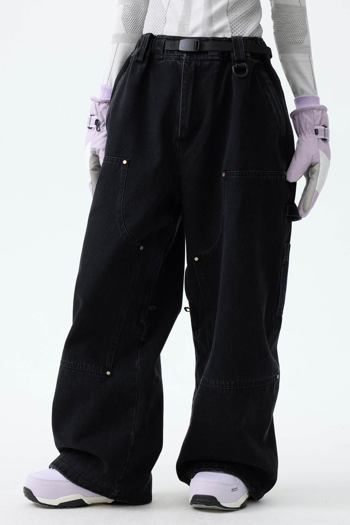 Women's Washed Black Real Denim Utility-Panel Baggy Snow Pants