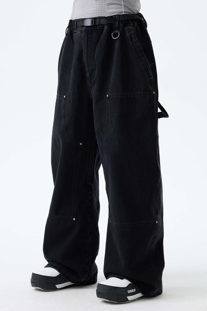 Men's Washed Olive Real Denim Utility-Panel Baggy Snow Pants