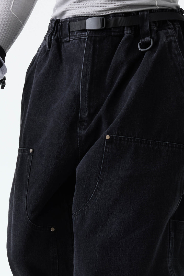 Men's Washed Black Real Denim Utility-Panel Baggy Snow Pants