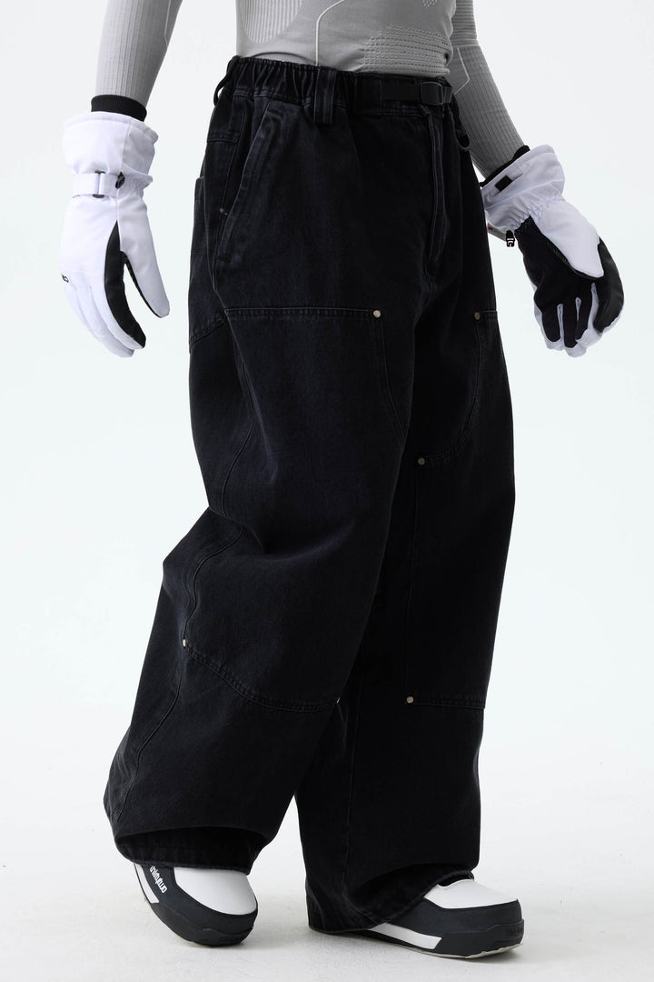Men's Washed Black Real Denim Utility-Panel Baggy Snow Pants