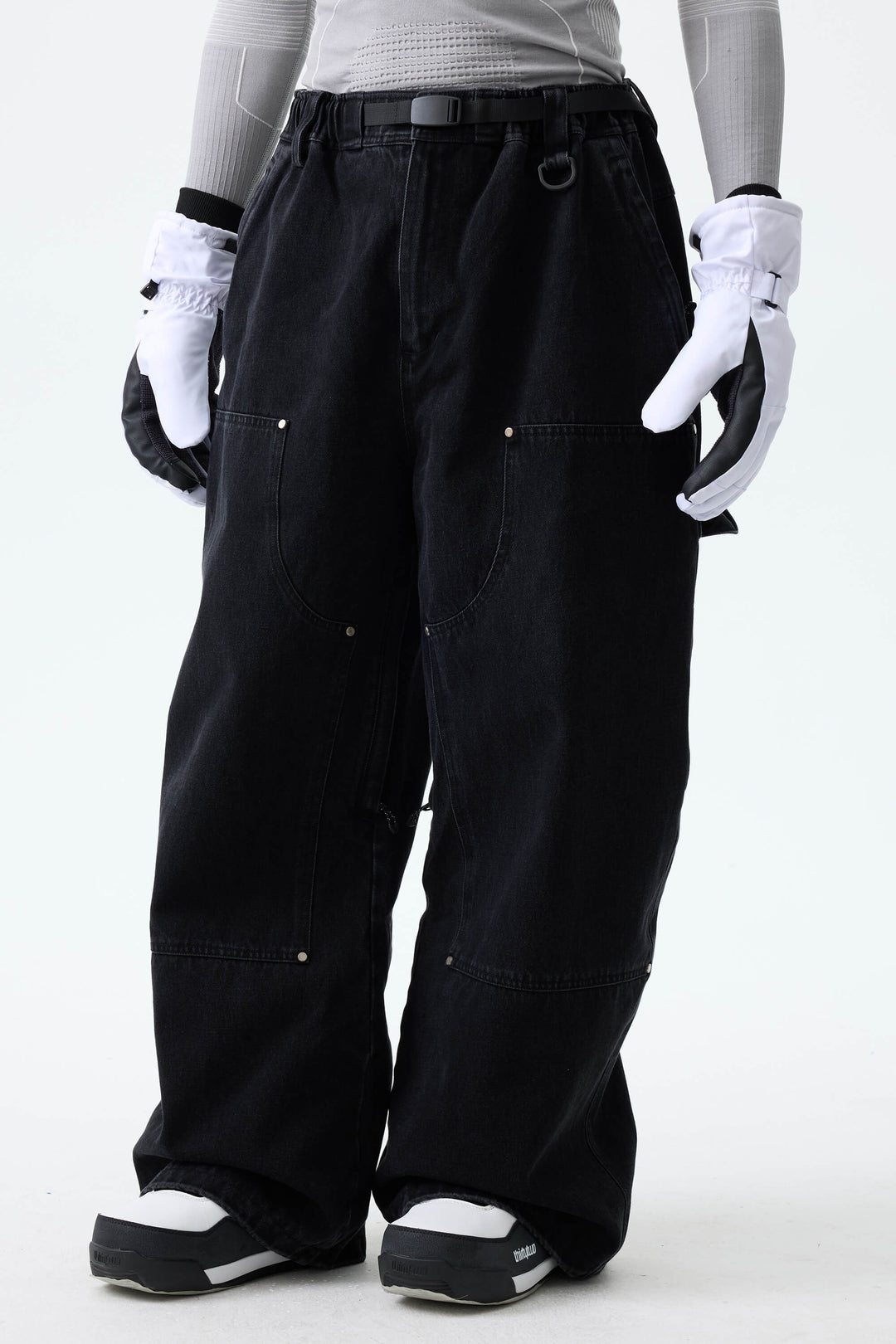 Men's Washed Black Real Denim Utility-Panel Baggy Snow Pants