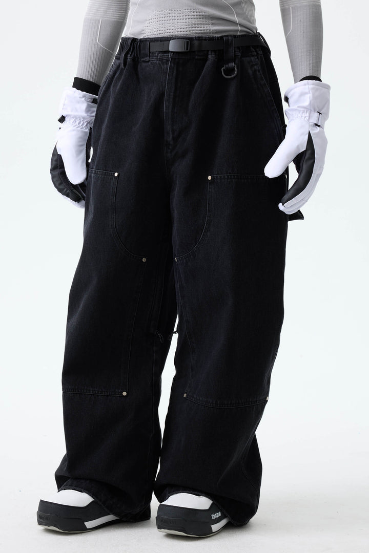 Men's Washed Black Real Denim Utility-Panel Baggy Snow Pants