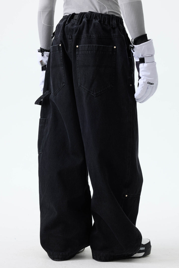 Men's Washed Olive Real Denim Utility-Panel Baggy Snow Pants