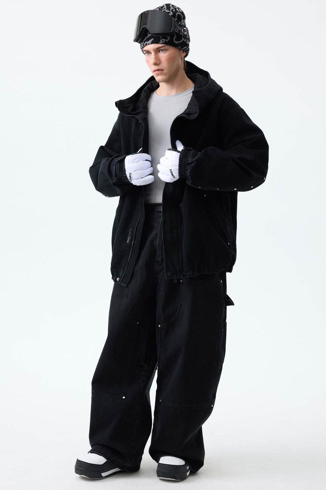 Men's Washed Olive Real Denim Utility-Panel Baggy Snow Pants