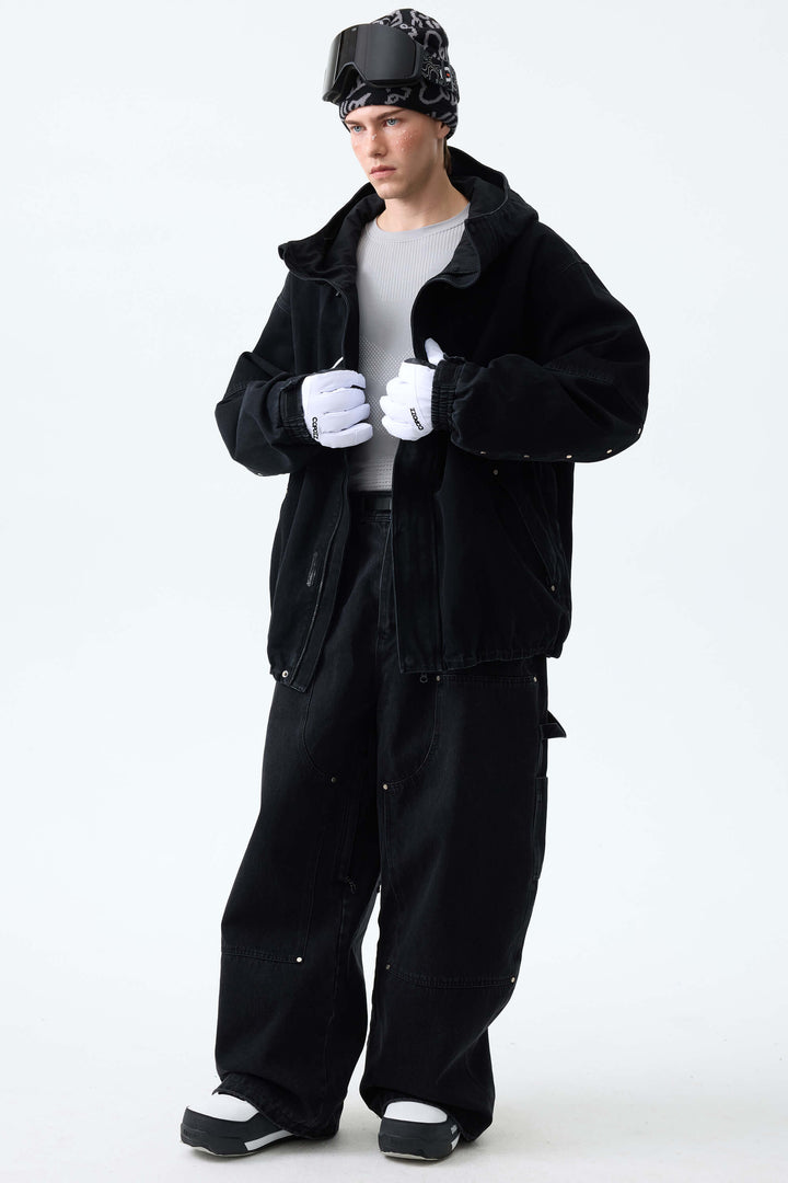 Men's Washed Olive Real Denim Utility-Panel Baggy Snow Pants
