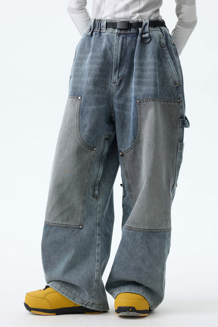 Women's Washed Olive Real Denim Utility-Panel Baggy Snow Pants