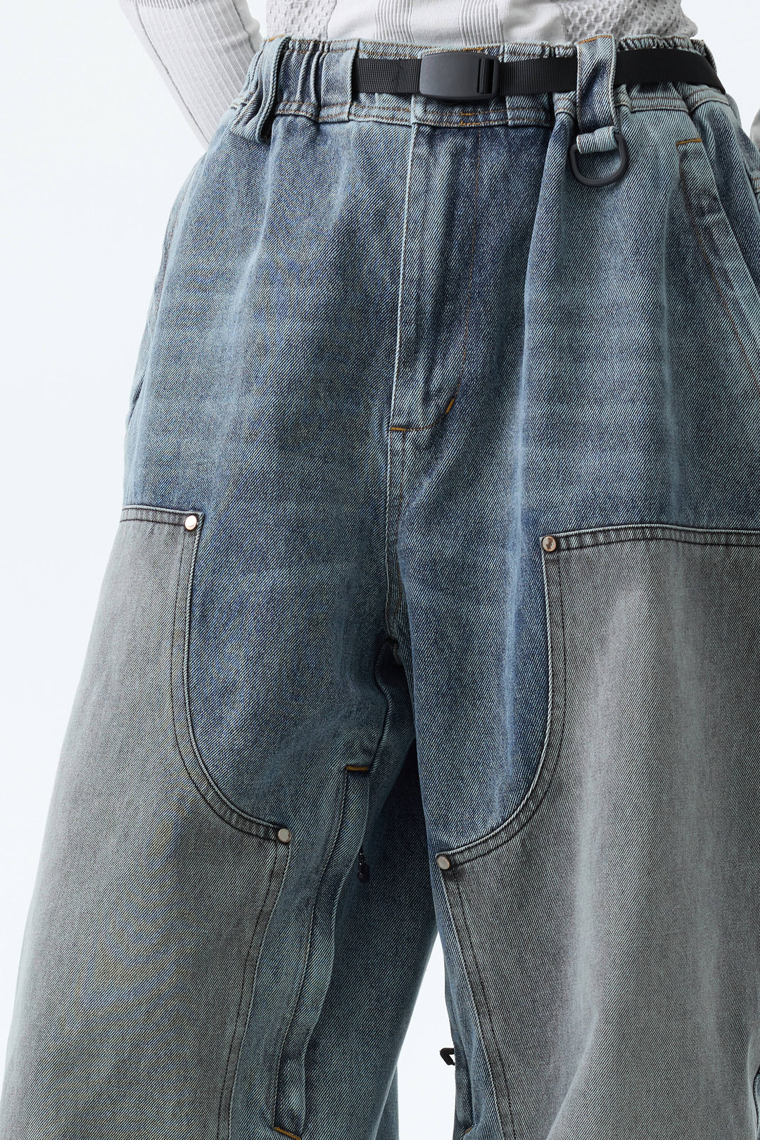 Women's Washed Blue Real Denim Utility-Panel Baggy Snow Pants