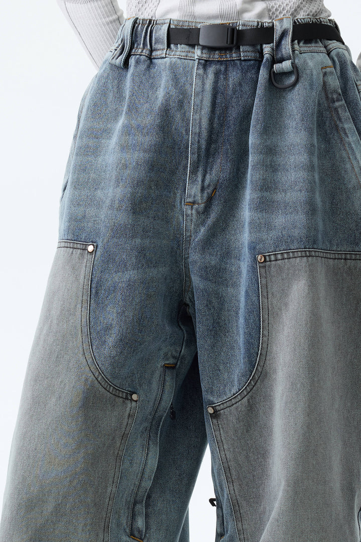Women's Washed Blue Real Denim Utility-Panel Baggy Snow Pants