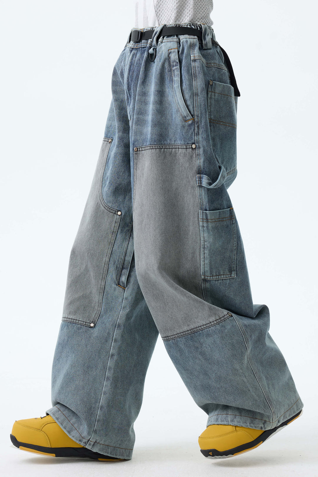 Women's Washed Blue Real Denim Utility-Panel Baggy Snow Pants