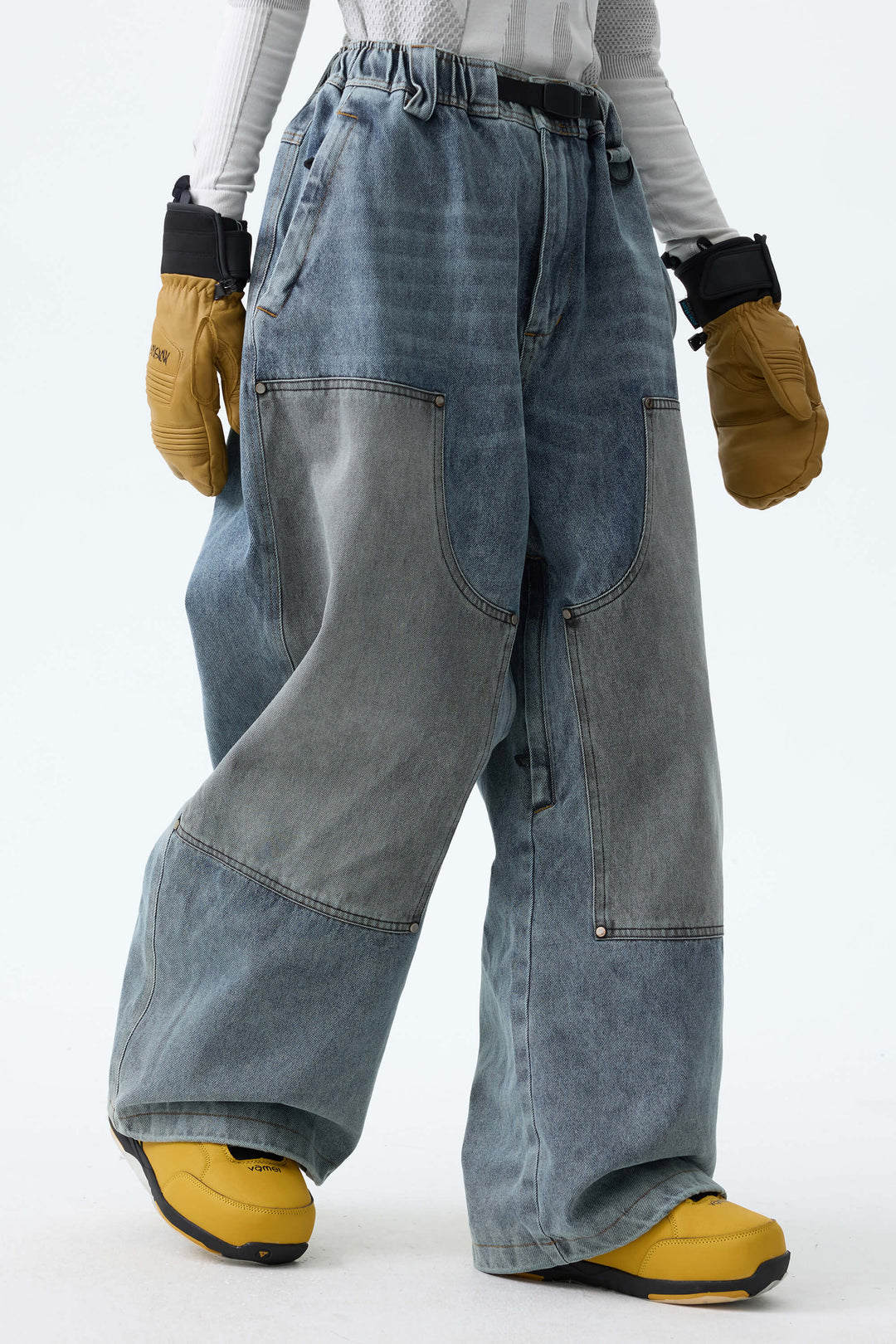 Women's Washed Olive Real Denim Utility-Panel Baggy Snow Pants