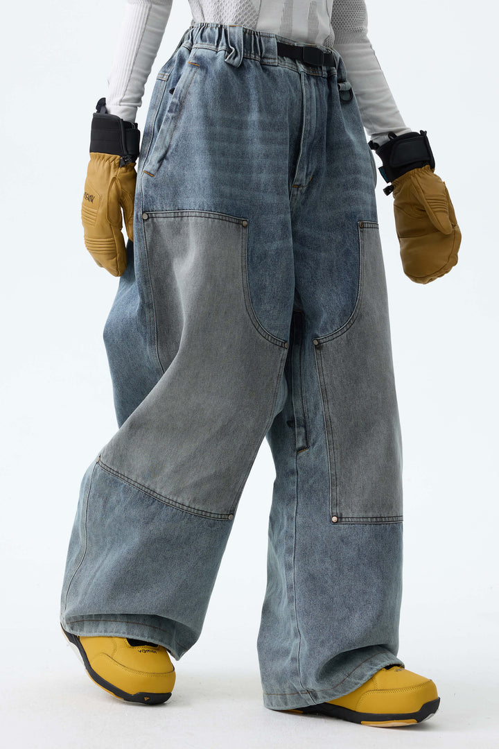 Women's Washed Olive Real Denim Utility-Panel Baggy Snow Pants