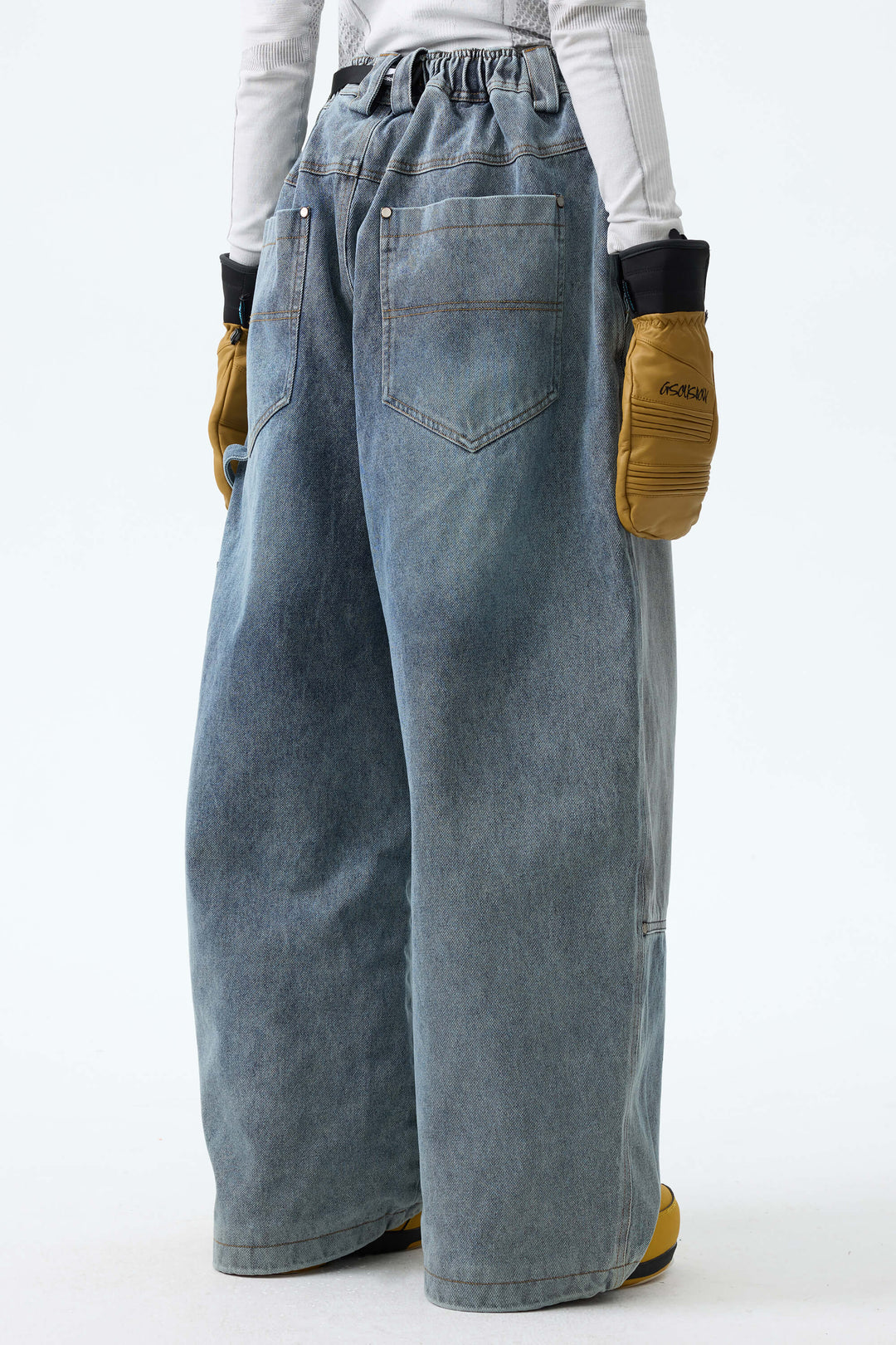 Women's Washed Blue Real Denim Utility-Panel Baggy Snow Pants