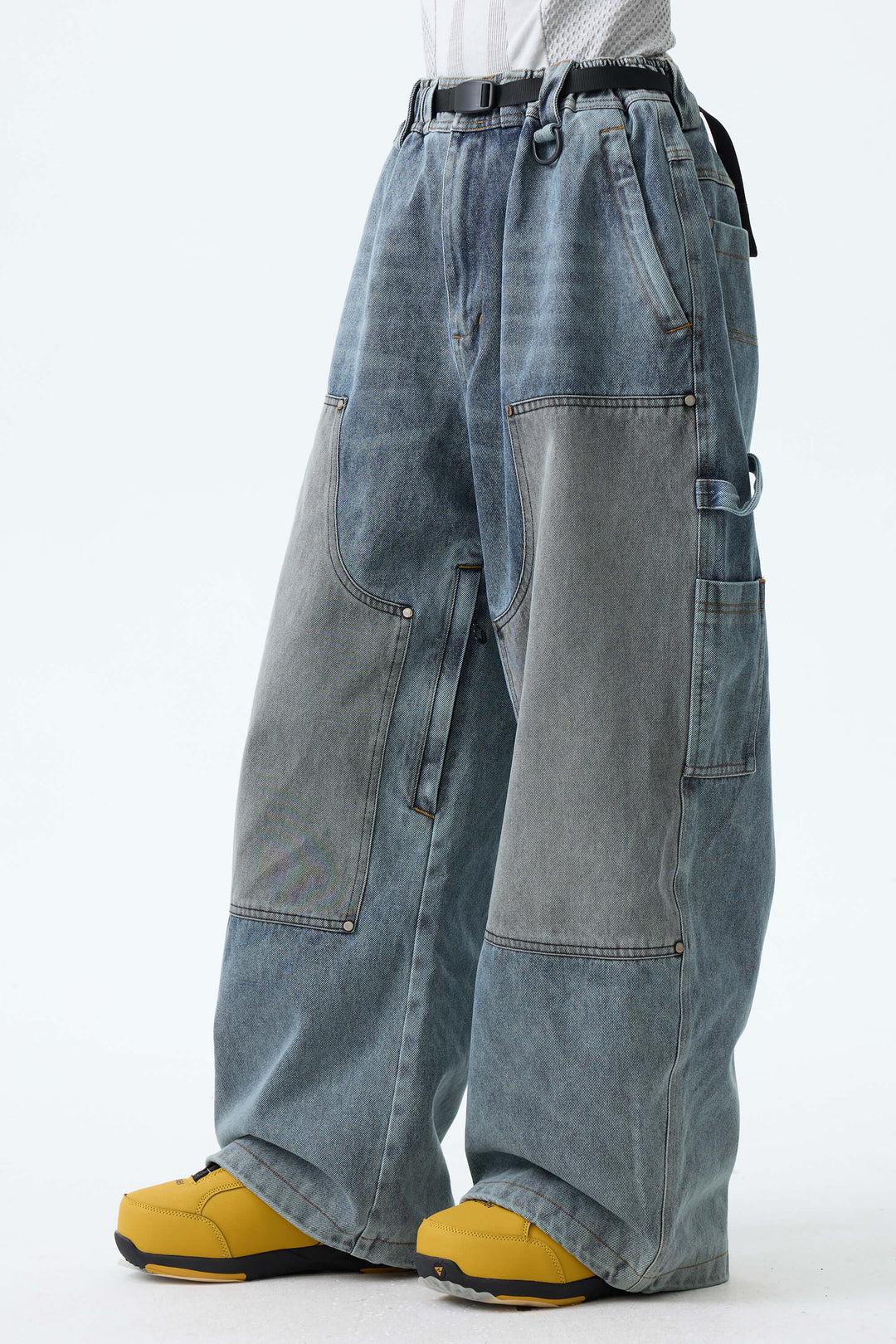 Women's Washed Blue Real Denim Utility-Panel Baggy Snow Pants