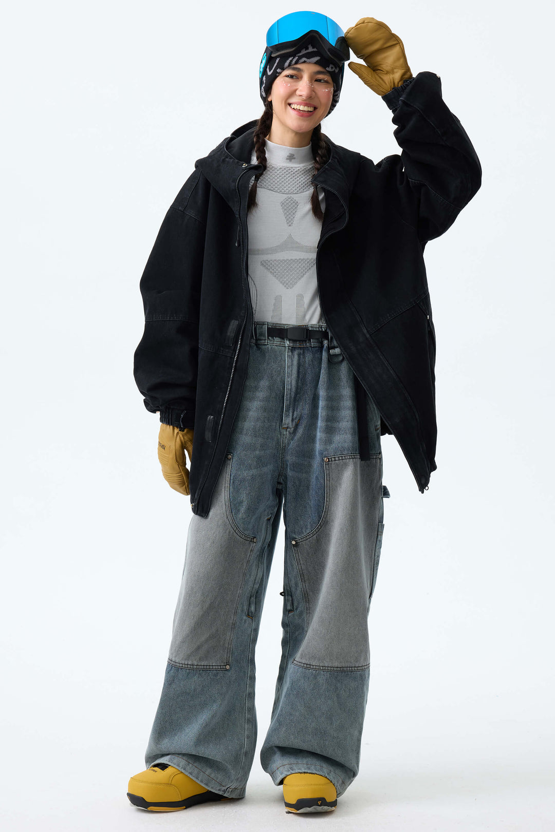 Women's Washed Olive Real Denim Utility-Panel Baggy Snow Pants
