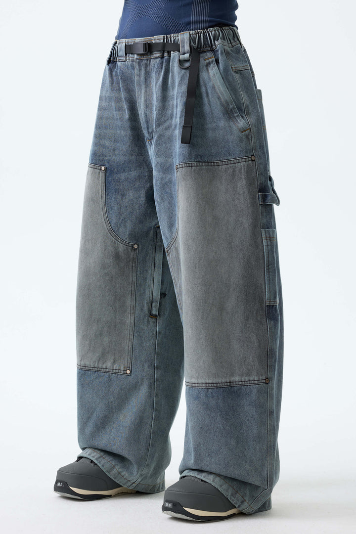 Men's Washed Olive Real Denim Utility-Panel Baggy Snow Pants