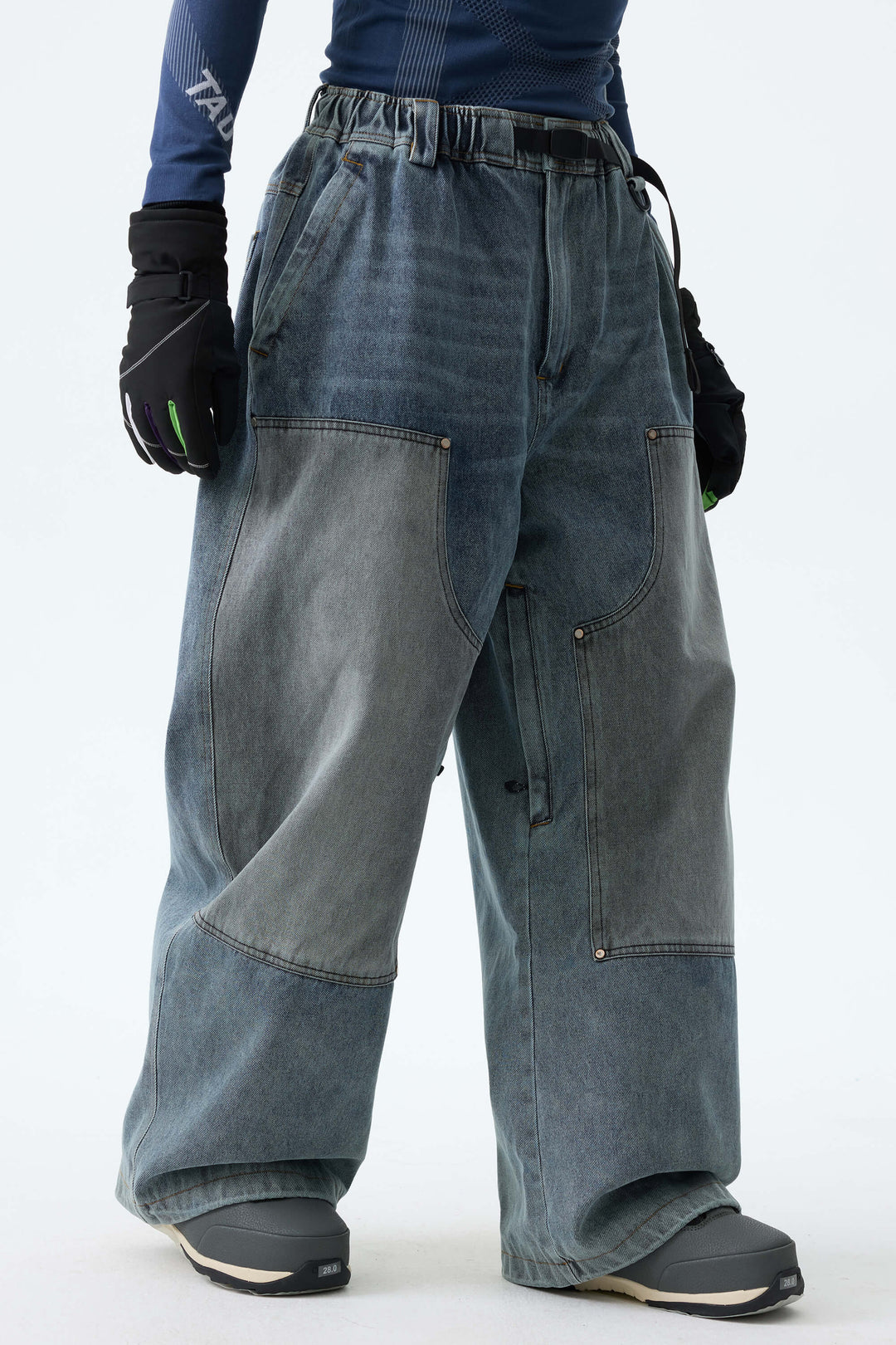Men's Washed Olive Real Denim Utility-Panel Baggy Snow Pants