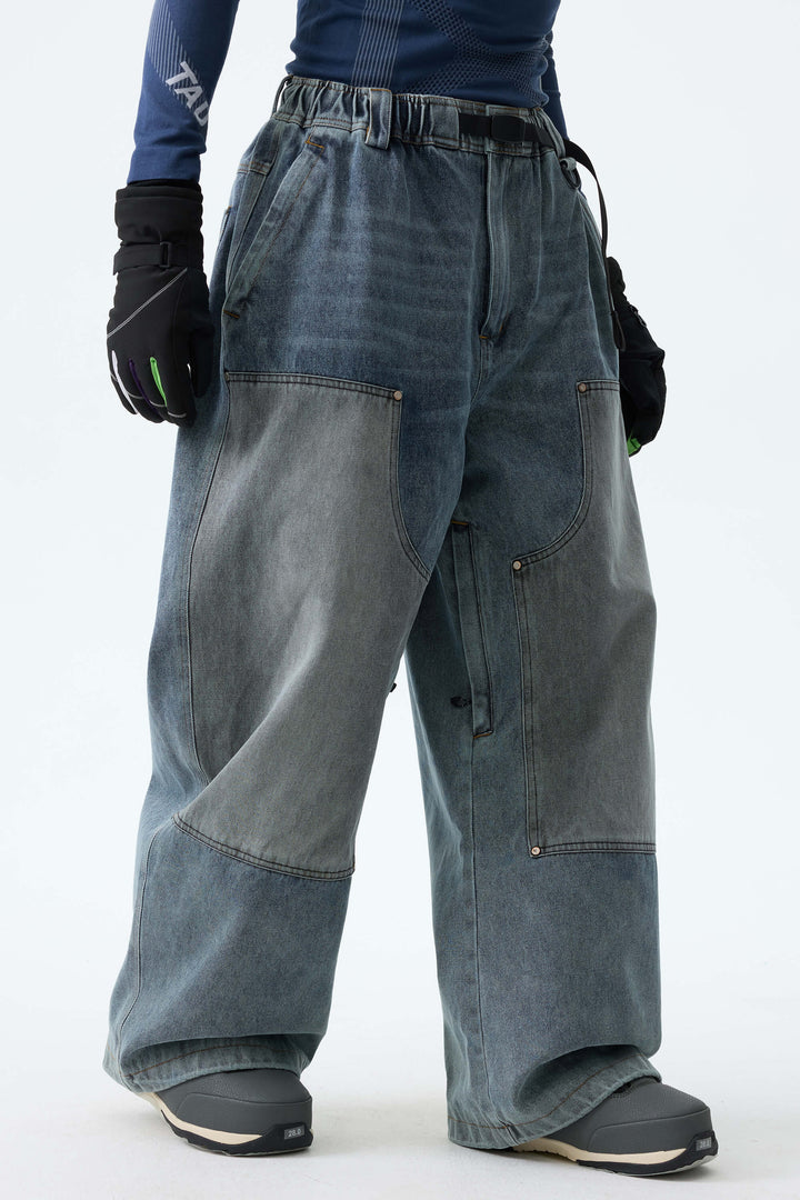 Men's Washed Olive Real Denim Utility-Panel Baggy Snow Pants