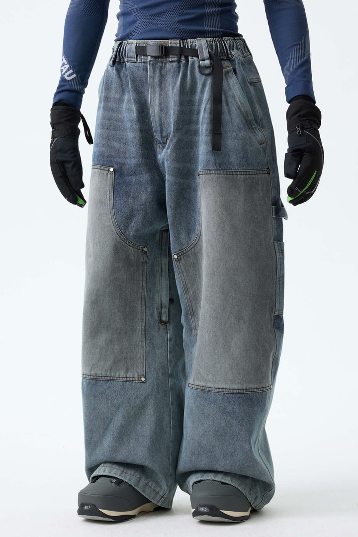 Men's Washed Black Real Denim Utility-Panel Baggy Snow Pants