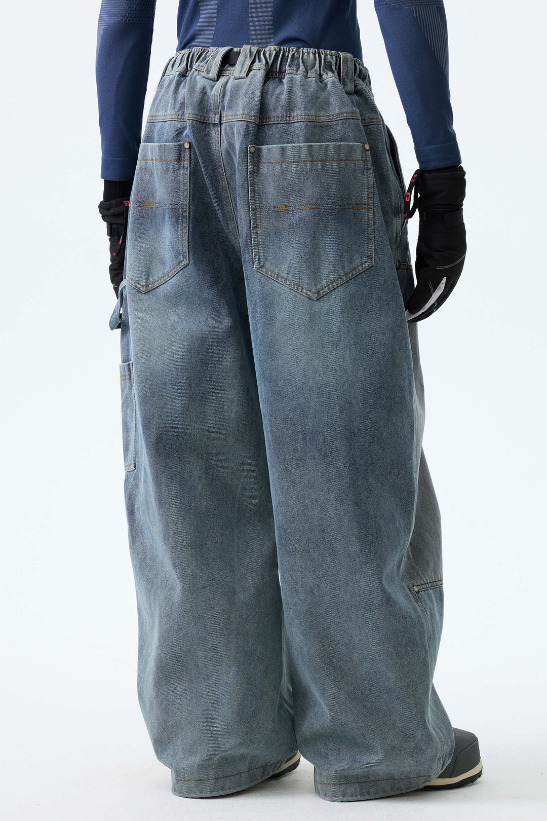 Men's Washed Blue Real Denim Utility-Panel Baggy Snow Pants
