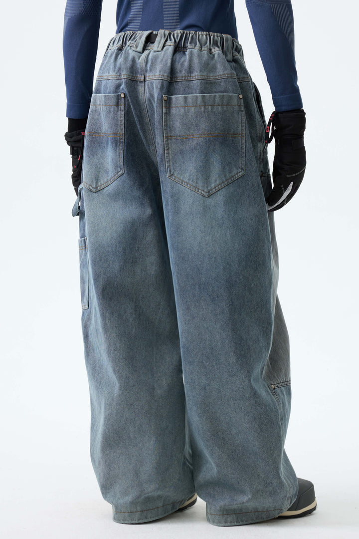 Men's Washed Blue Real Denim Utility-Panel Baggy Snow Pants