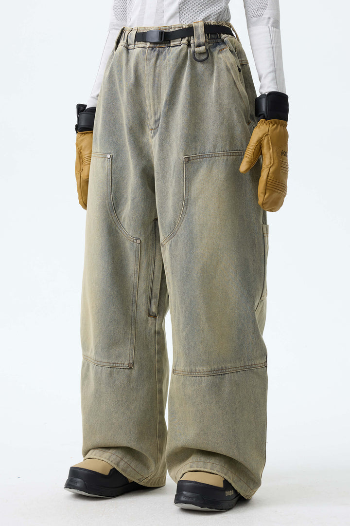 Women's Washed Olive Real Denim Utility-Panel Baggy Snow Pants