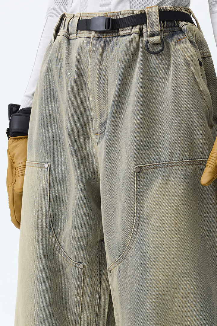 Women's Washed Olive Real Denim Utility-Panel Baggy Snow Pants