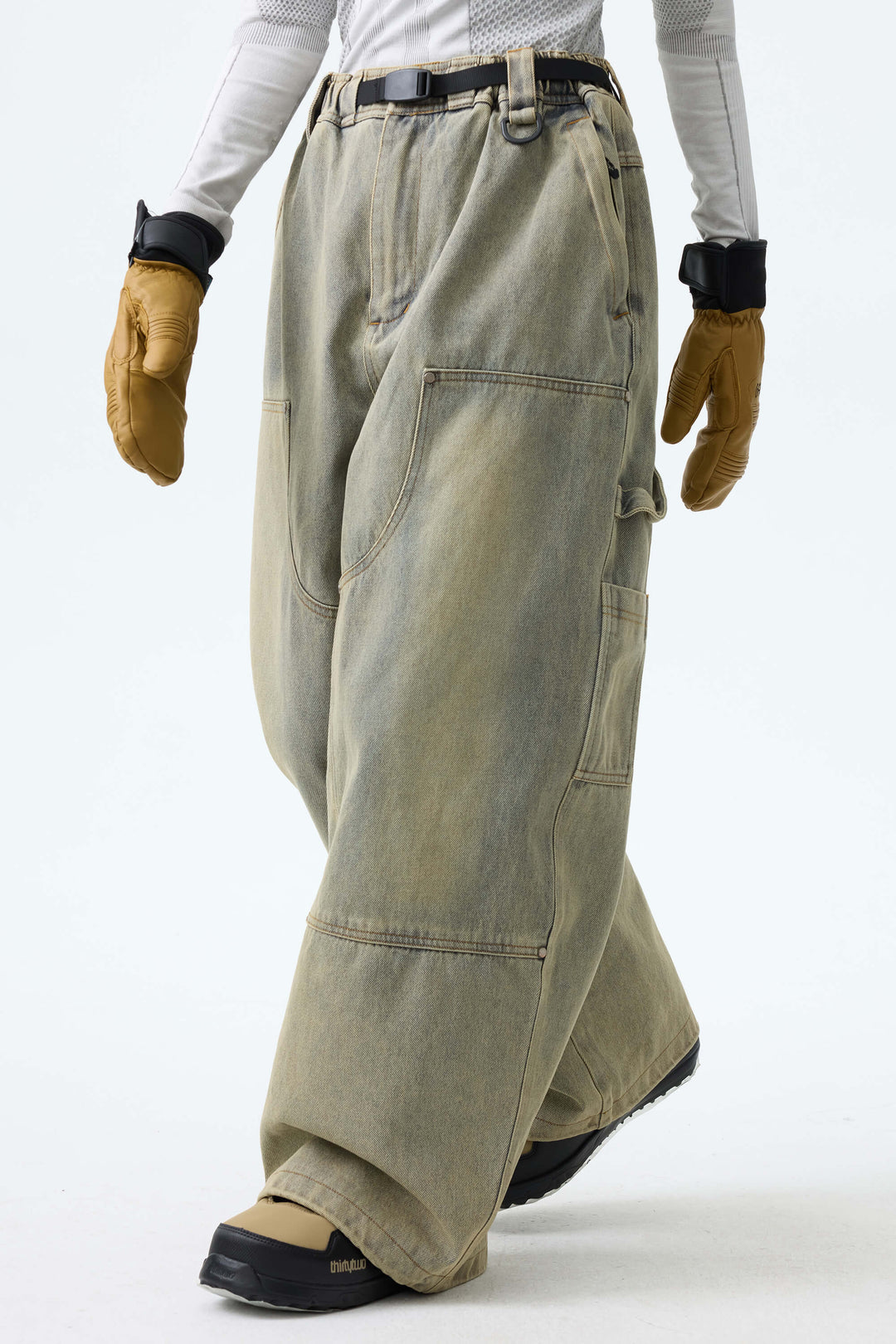 Women's Washed Olive Real Denim Utility-Panel Baggy Snow Pants