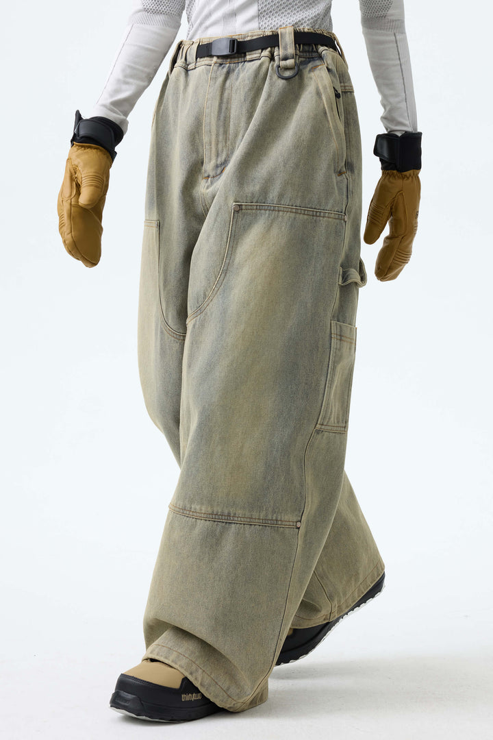Women's Washed Olive Real Denim Utility-Panel Baggy Snow Pants
