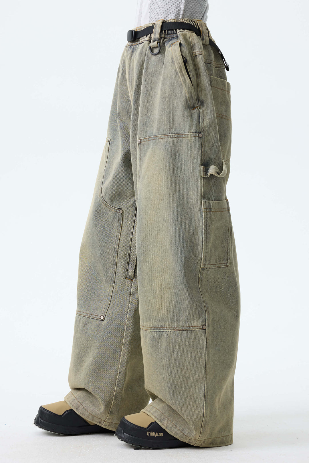 Women's Washed Olive Real Denim Utility-Panel Baggy Snow Pants