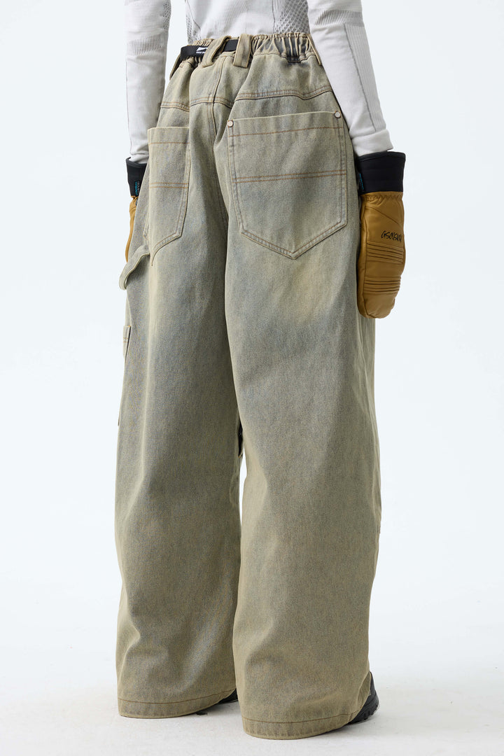 Women's Washed Olive Real Denim Utility-Panel Baggy Snow Pants
