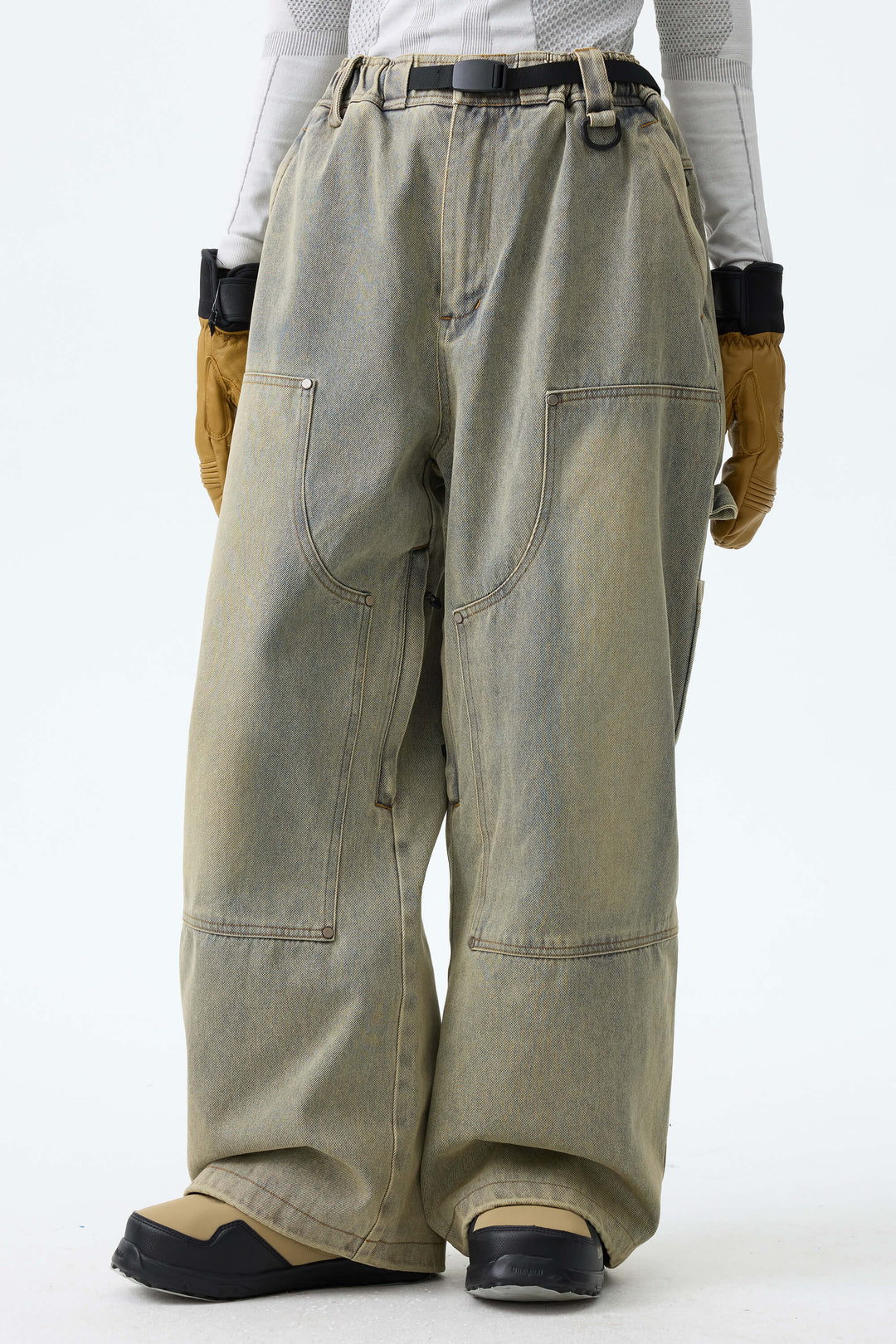 Women's Washed Olive Real Denim Utility-Panel Baggy Snow Pants
