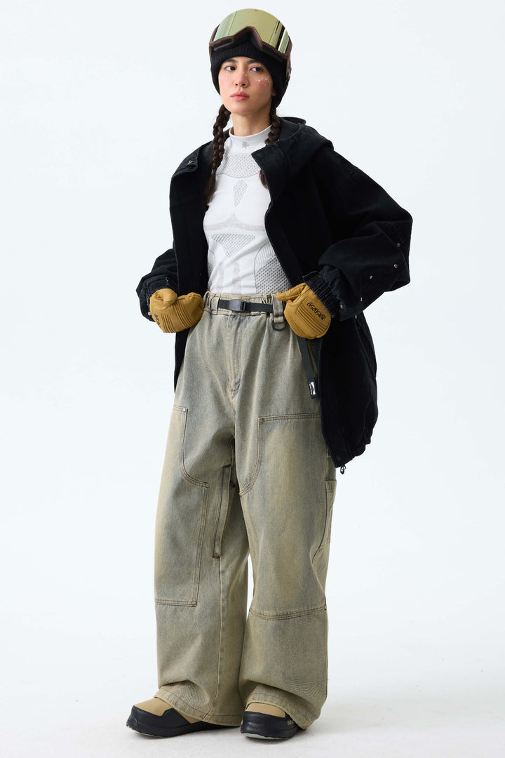 Women's Washed Olive Real Denim Utility-Panel Baggy Snow Pants