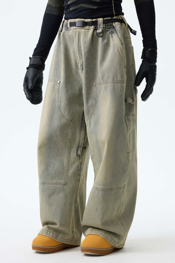 Men's Washed Olive Real Denim Utility-Panel Baggy Snow Pants