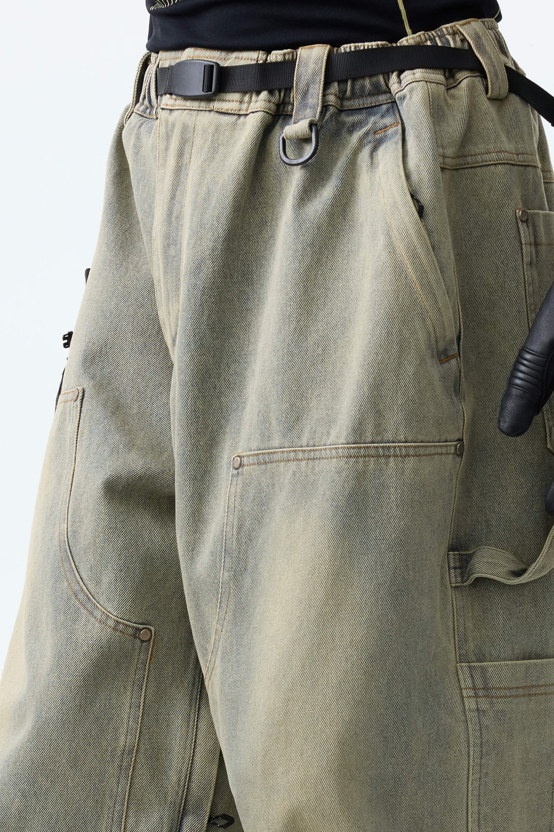 Men's Washed Olive Real Denim Utility-Panel Baggy Snow Pants